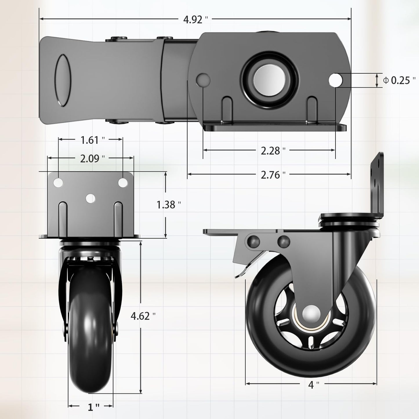 Side Mount Plate Caster Wheels - Thickened L-Shaped Mounting ，Heavy Duty 1600 LBS，Set of 4 with Brake，360° Swivel，Locking，Castor Wheels for Furniture，Carts，Cabinet，Table (Black, 4inchs)