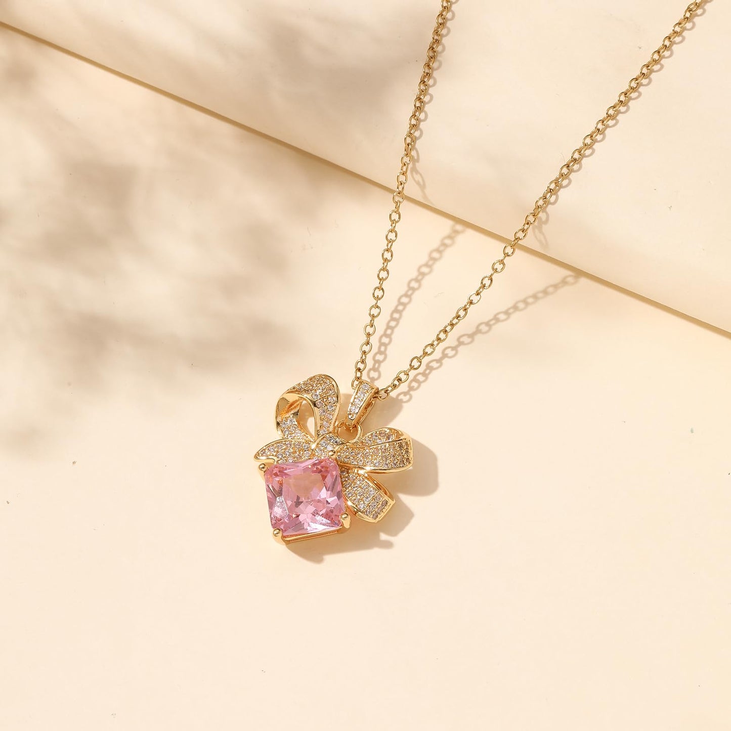 Pink Square Rose Quartz Bow Necklace for Women-Gold Plated October Birthstone Healing Crystal Vintage Necklace For Valentines Day Mother's Day Christmas Birthday Gifts
