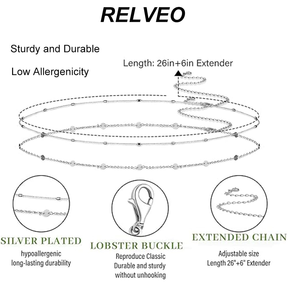 RELVEO 2PCS Silver Waist Chain Adjustable Layered Belly Chain Body Chain Jewelry for Women Sexy Bikini Beach Beaded Waist Chains