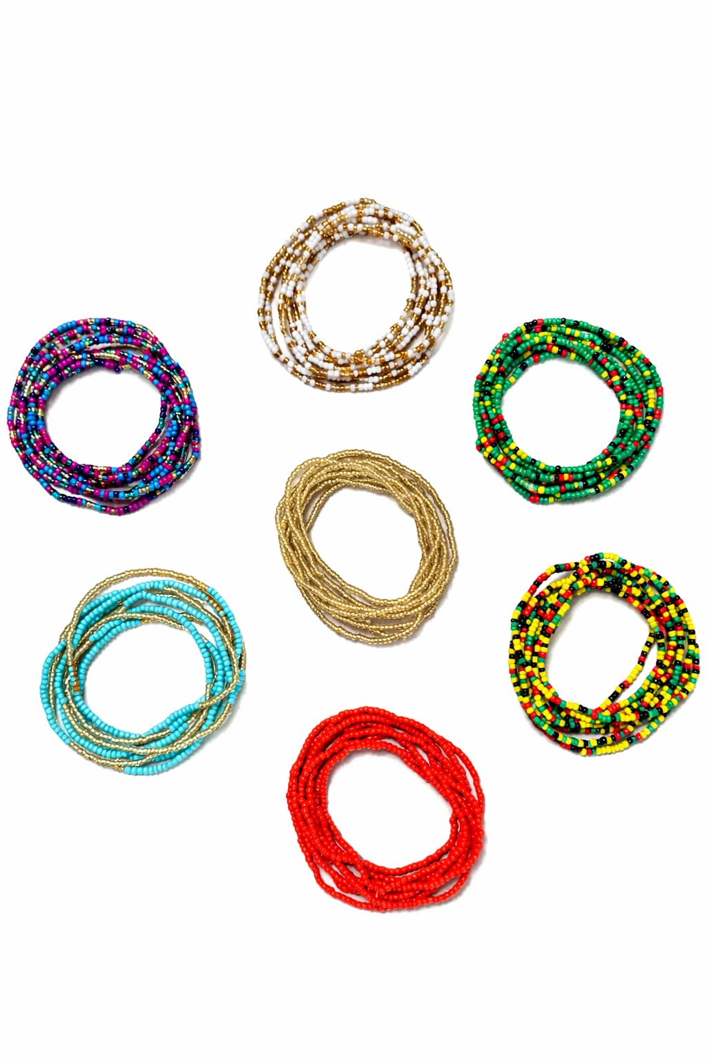 Cuisine228 African Waist Beads Chain ��� Stretchy Elastic Belly Body Chain, 7 Pack Beach Waist Jewelry Body Accessories for Women (35 inches)