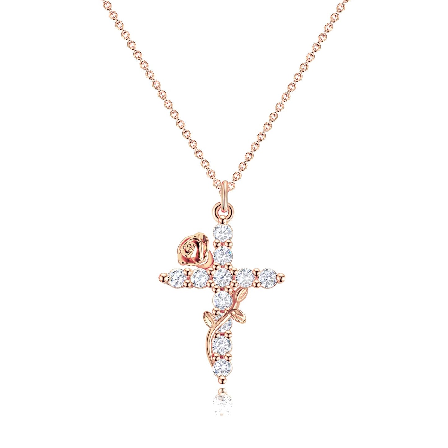 Robaice Easter Basket Stuffers Flower Cross Necklace for Women, Rose Gold Plated Dainty Cubic Zirconia Faith Cross Pendant, Christian Religious Jewelry Gifts