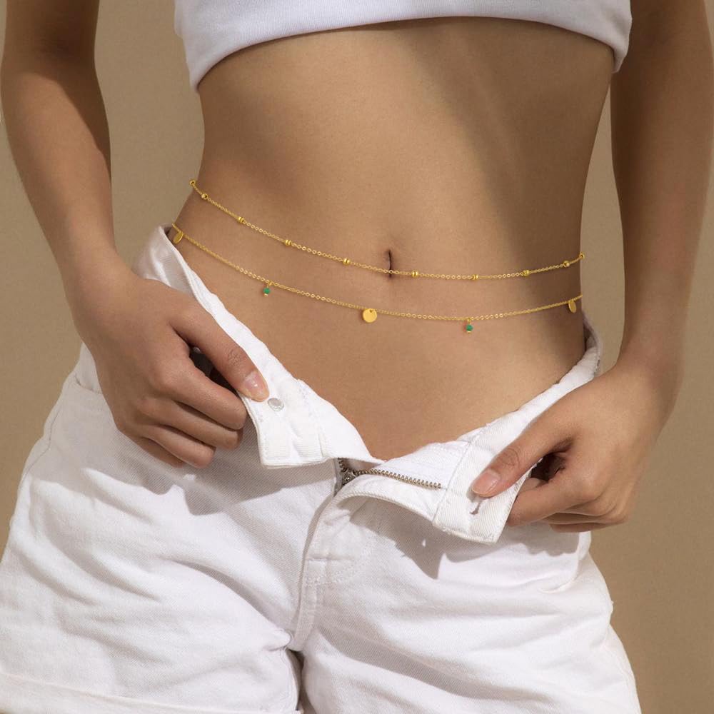 RELVEO 2PCS Gold Waist Chain Adjustable Layered Belly Chain Body Chain Jewelry for Women Sexy Bikini Beach Boho Beaded Waist Chains