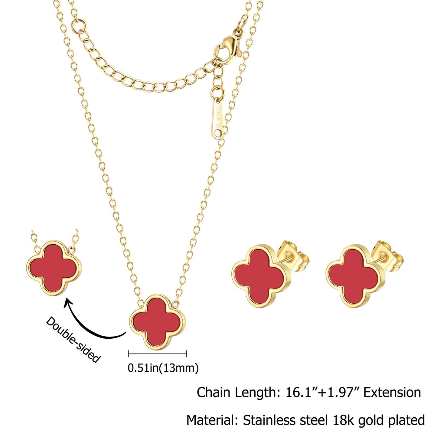 KYJAC Clover Jewelry Set - 18k Gold Plated Pendant Necklace and Stud Earrings - White, Black, Red Four Leaf Clover - Gifts for Women (Gold Red Set)
