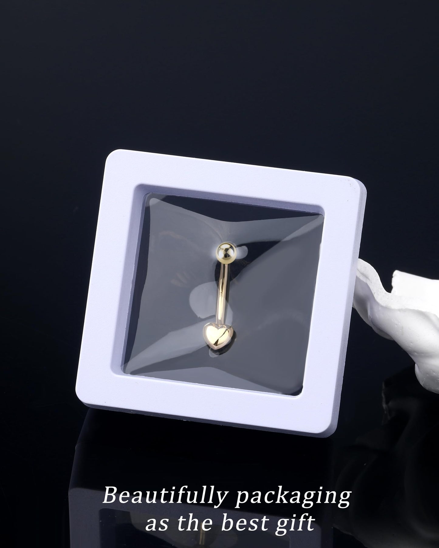 Melighting 9K Solid Gold Belly Button Ring With Heart and Clear CZ - 14G Navel Piercing Jewelry for Women