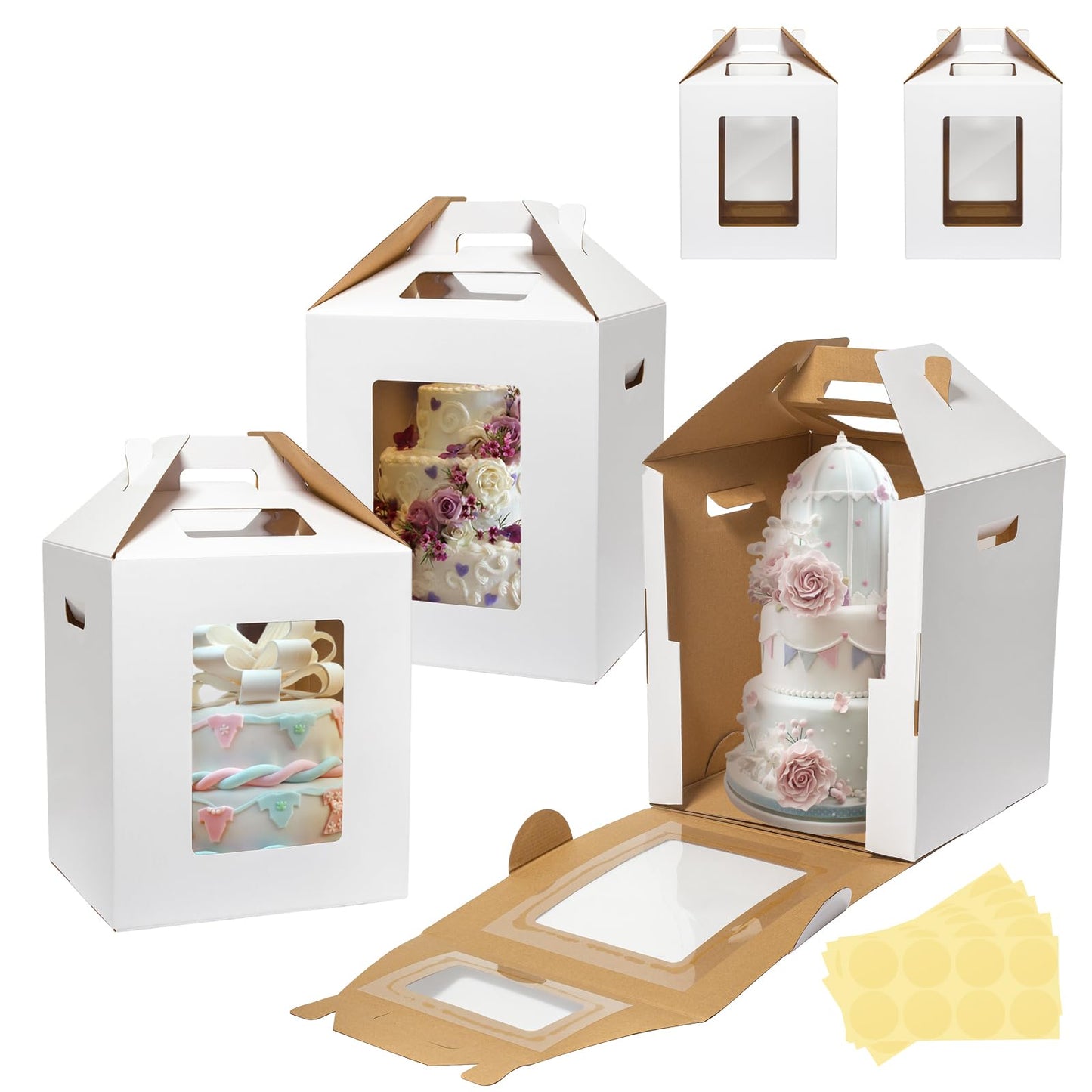 Wowxyz 5 Pack Tall Cake Boxes for Tier Cakes 16x16x18 Inch Disposable Layer Tall Baking Carrier with Window Large Tierd Bakery Take Out Transport Containers with Handle for Wedding, Birthday, Party