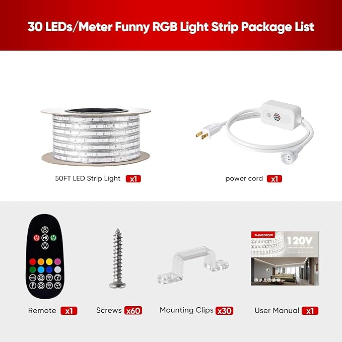 Shine Decor 120V RGB LED Strip Light Remote Control, Cold Resistant IP65 Waterproof Outdoor Strip Lighting Color Changing, Connectable Lite Multicolor Lighting Strip 7x13mm, 50 FT 450 LEDs ETL Listed