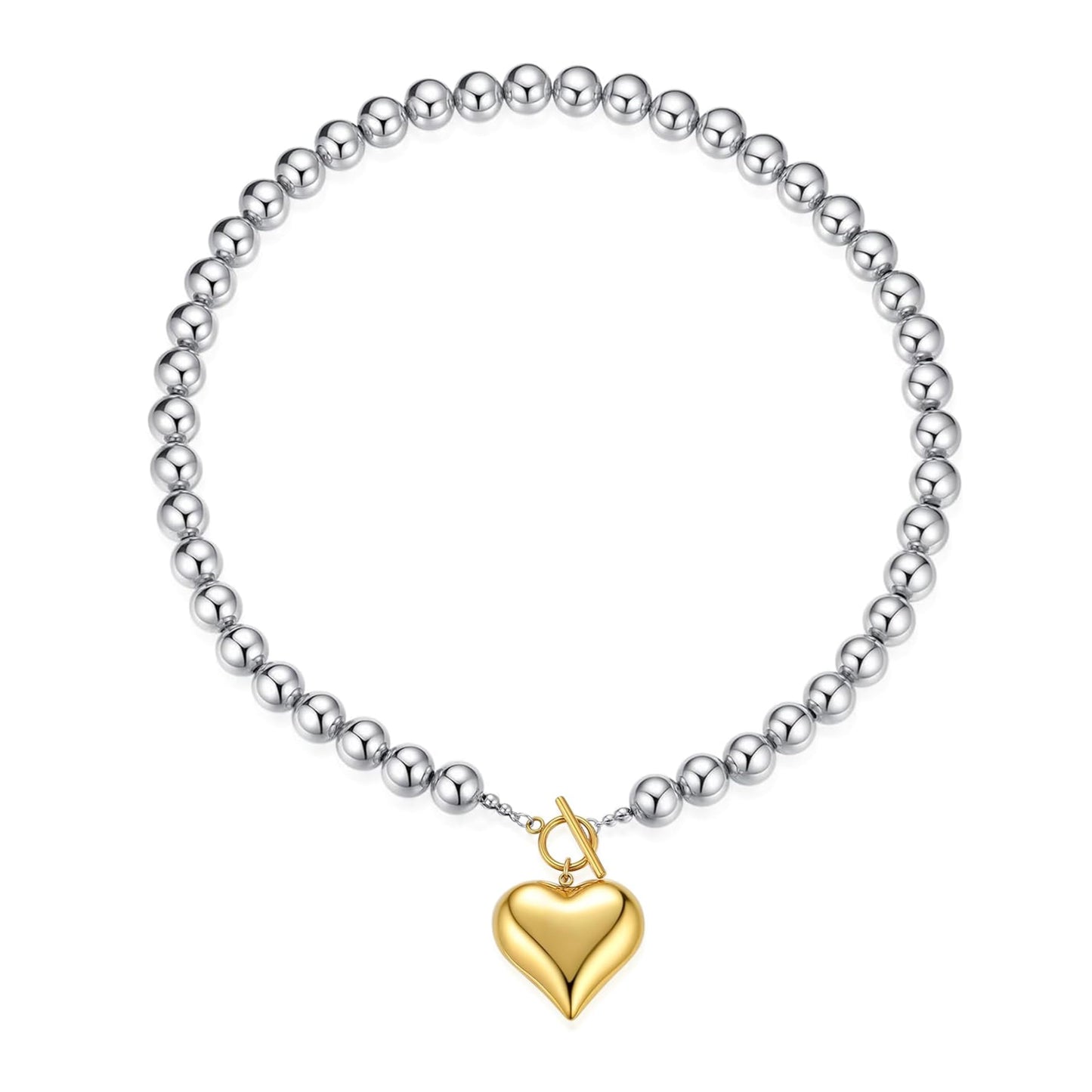 Frigotine Gold Heart Pendant Necklace for Women, Chunky Two-Tone Statement Love Pendants Choker Toggle Necklaces Prom Valentines Fashion Holiday Jewelry Gift