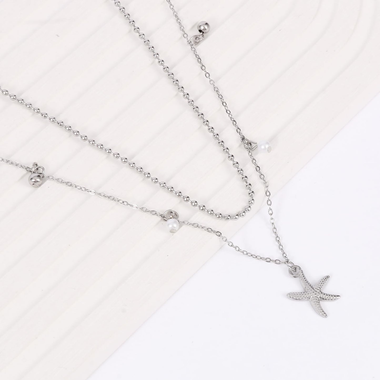 Starfish Shell Necklace for Women,14k Gold Plated Silver Layered SeaShell Pearl Pendant Charm Necklaces Dainty Non Tarnish Adjustable Waterproof Beaded Necklace Stack Jewelry for Summer Beach Vacation (Silver Starfish Necklace)