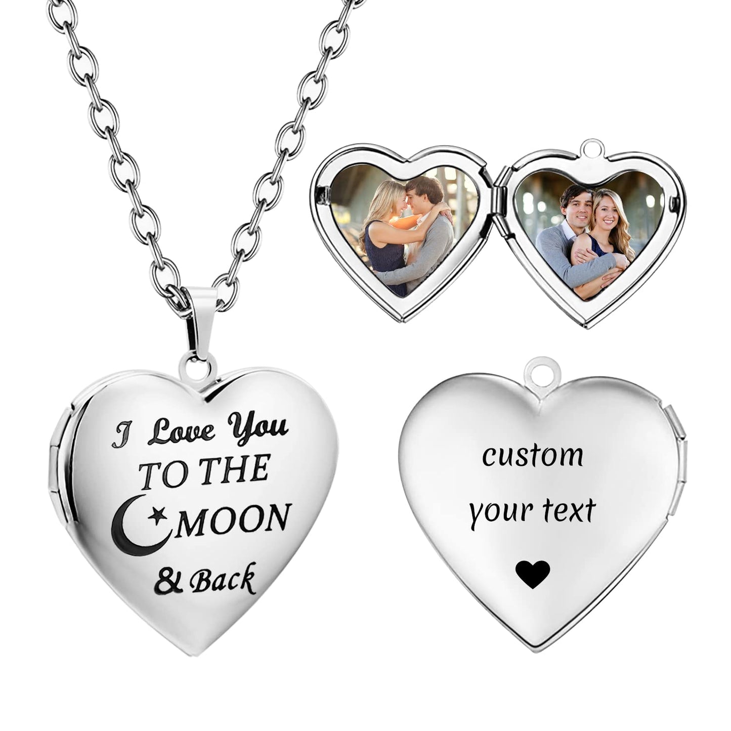 PHOCKSIN I Love you to the Moon and Back Custom Locket Necklace, Personalized Heart Photo Locket Necklace - Customized Memorial Lockets That Holds Pictures for Women