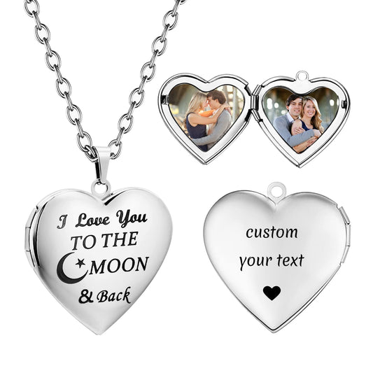 PHOCKSIN I Love you to the Moon and Back Custom Locket Necklace, Personalized Heart Photo Locket Necklace - Customized Memorial Lockets That Holds Pictures for Women