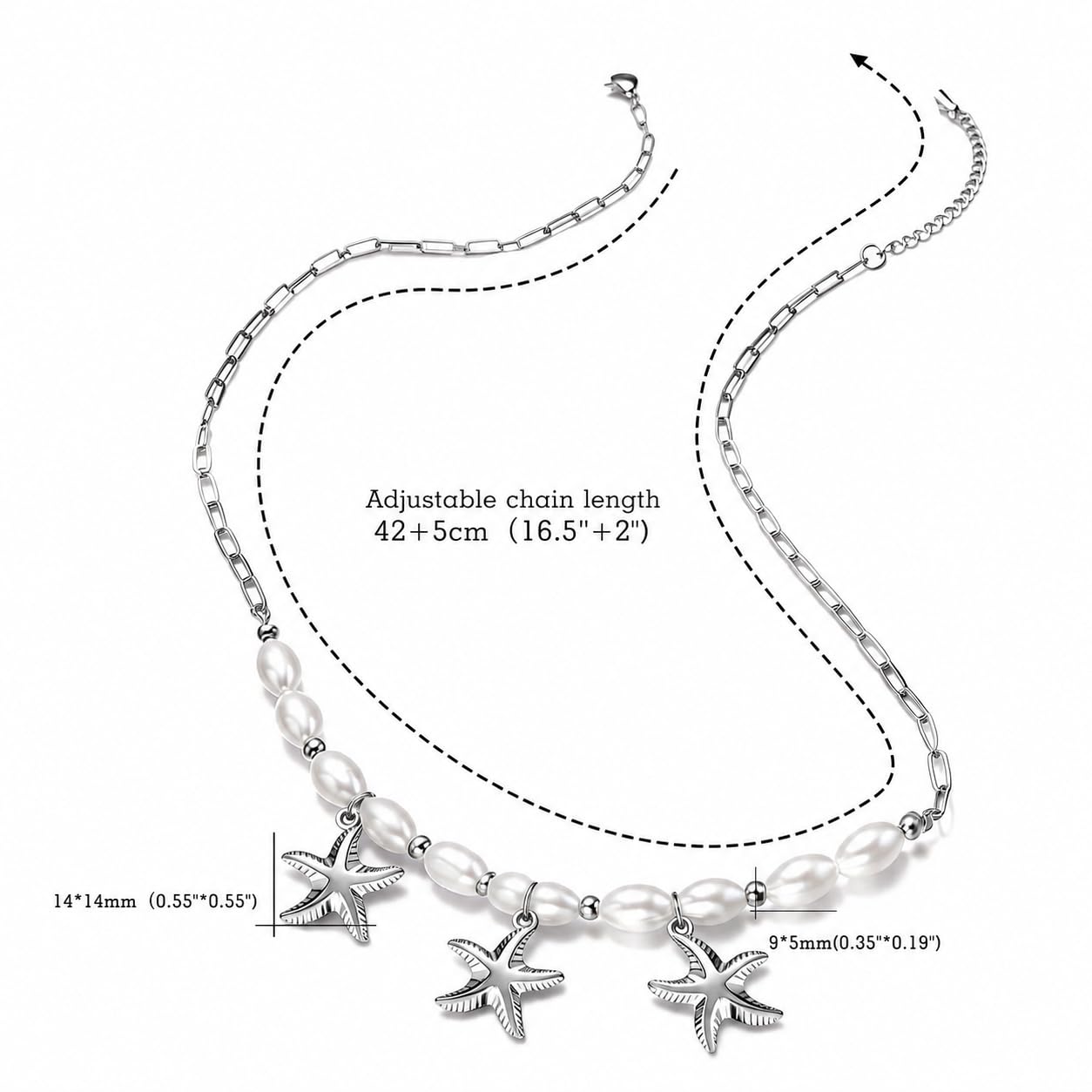 Starfish Necklace for Women: 14K Gold Plated 3-Piece Pendant with 10 Simulated Pearls on Stainless Steel Chain | Cute Boho Beach Jewelry Gift for Summer (Silver)