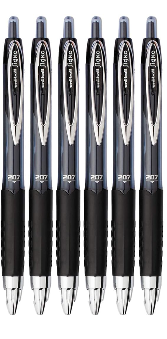 Advantage Gifts Signo 207 Roller Ball Retractable Gel Pens, Medium Point (0.7mm), Black Ink, 6 Count, Bundle with Plastic Reusable Pouch