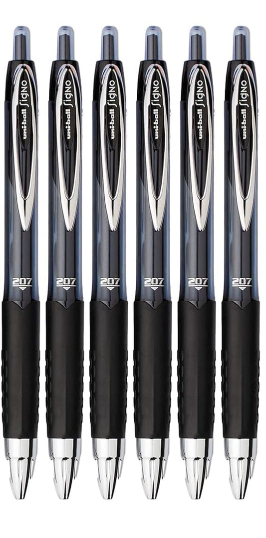 Advantage Gifts Signo 207 Roller Ball Retractable Gel Pens, Medium Point (0.7mm), Black Ink, 6 Count, Bundle with Plastic Reusable Pouch