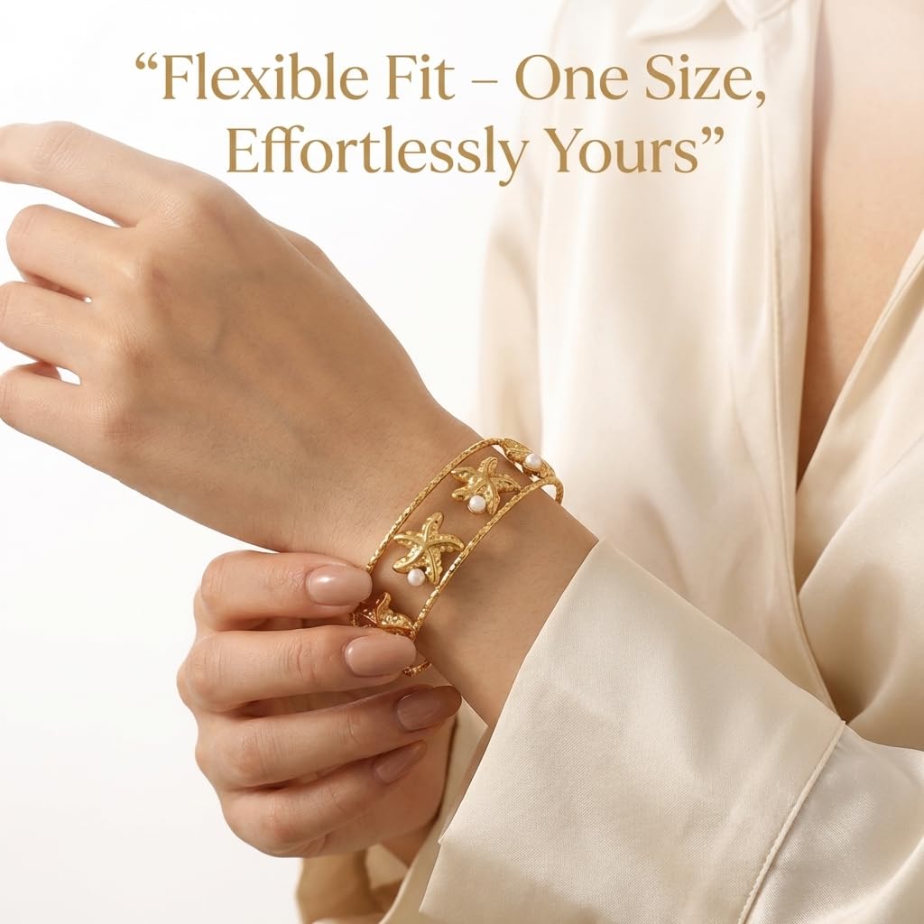 MystiGlimmer Starfish Bracelet with Luxury Gift Box 18K Gold Plated Stainless Steel, Adjustable Open Cuff, Waterproof & Hypoallergenic Jewelry Gift for Women (3Starfish)