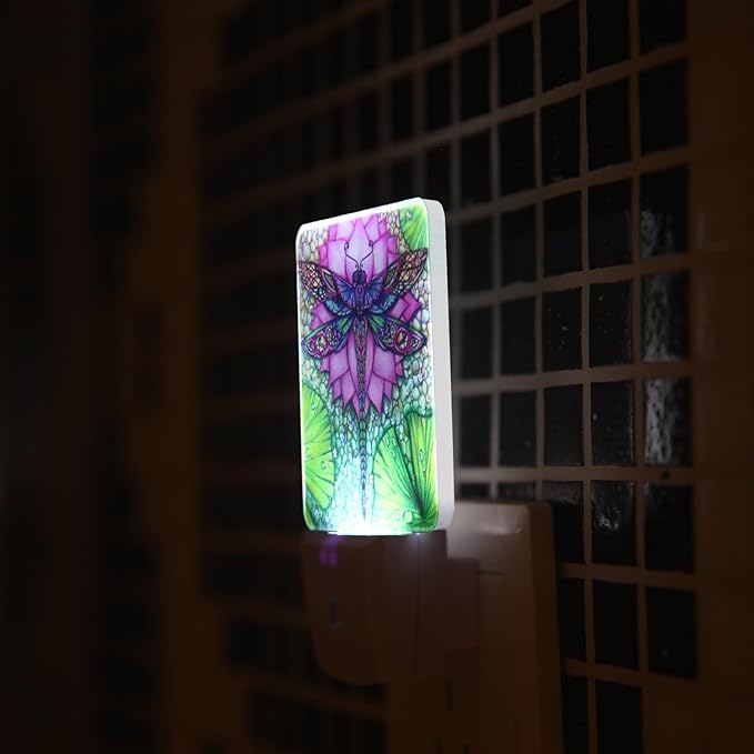 Dragonfly And lotus flower Plug-in LED Night Light,Smart Auto Dusk to Dawn Sensor Nightlights Plug into Wall,White Energy Efficient Night light for Kids Bedroom,Bathroom,Kitchen,Stairs,Hallway