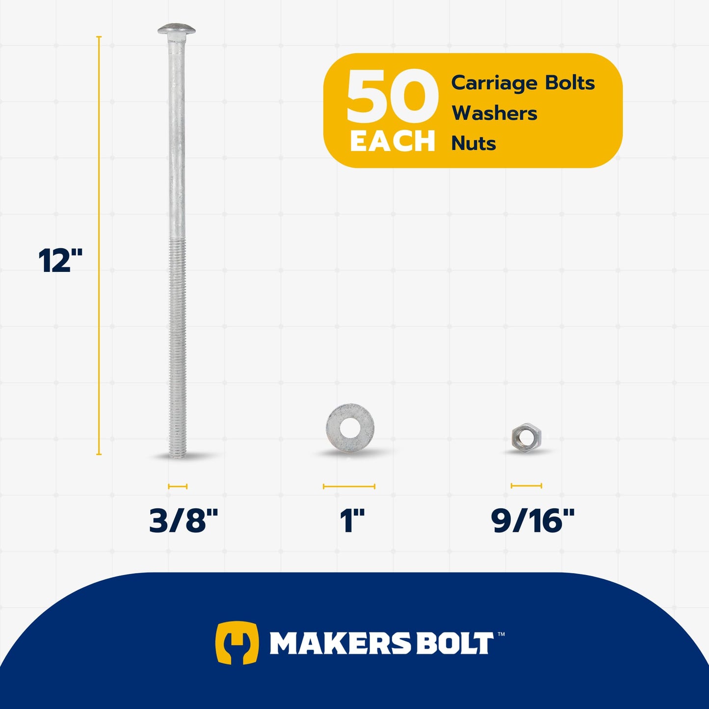 3/8" x 12" (50 Pack) Galvanized Carriage Bolt Kit, Grade 307A, Hot Dip Galvanized for Exterior Use by Makers Bolt