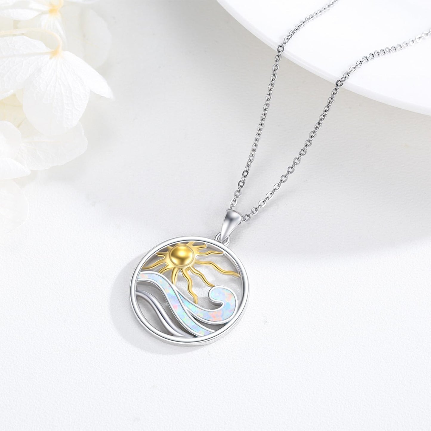 Midir&Etain Wave Necklace 925 Sterling Silver Ocean Wave Sun Pendant Necklace Beachy Sea Pendant Ocean Wave Sun Jewelry for Women Men