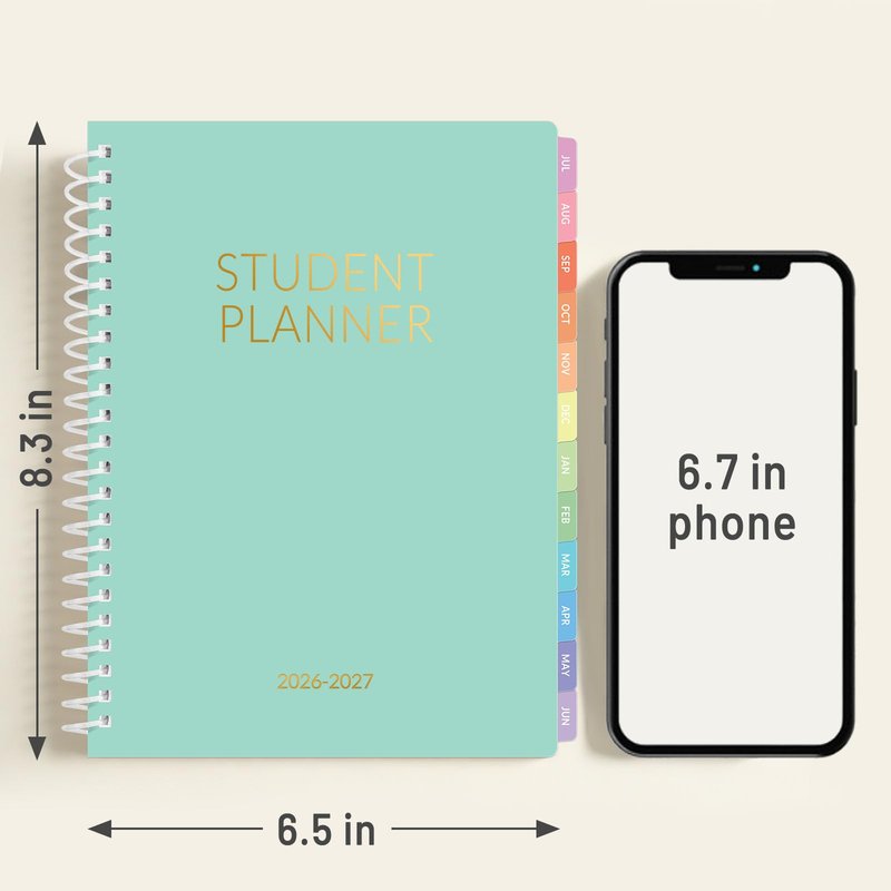 Student Planner 2026-2027, SUNEE Academic Weekly & Monthly Plan Book, Jul. 2026 - Jun. 2027, 6.5"×8.3" Middle & High School Planner, Lesson Plan Book with Week's Goals, Bookmark, Tabs, Mint Green