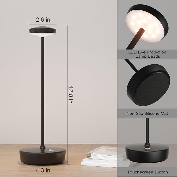 Cordless LED Table Lamp,Rechargeable 5000mAh Battery - Touch Control 3-Level Brightness with Memory Function,Portable IP54 Waterproof Desk lamp for Outdoor, Bars,Restaurants (2P Black)