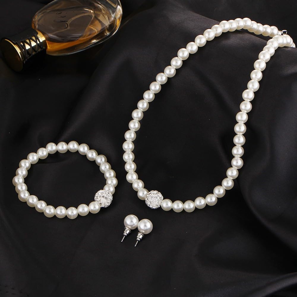 CSIYANJRY99 Pearl Necklace and Earring Set Faux Pearl Prom Jewelry Sets for Women Imitation Beaded Pearl Necklace Bracelet Stud Earrings for Women (C)