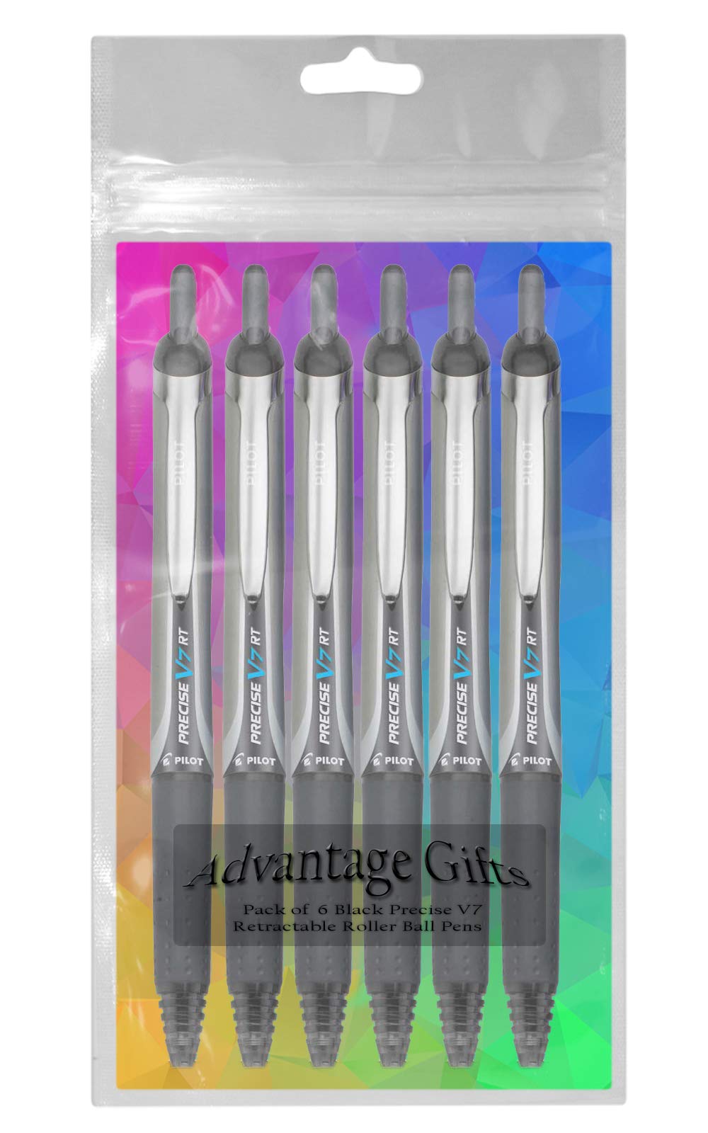Advantage Gifts Precise V7 RT Retractable Rolling Ball Pens, Fine Point (.7mm), Black Ink, 6-pk; Premium Comfort Grip, Bundle with Plastic Reusable Pouch