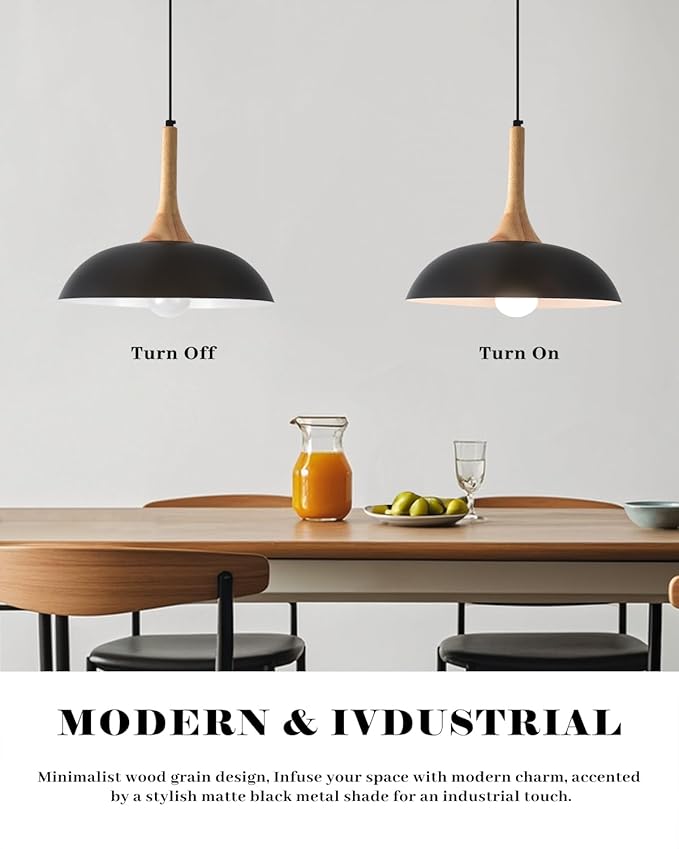 Black and Wood Pendant Lights Kitchen Island, 3 Packs Modern Black Pendant Light, 13.8 inch Wood Pendant Light for Kitchen, Dining Room, Living Room