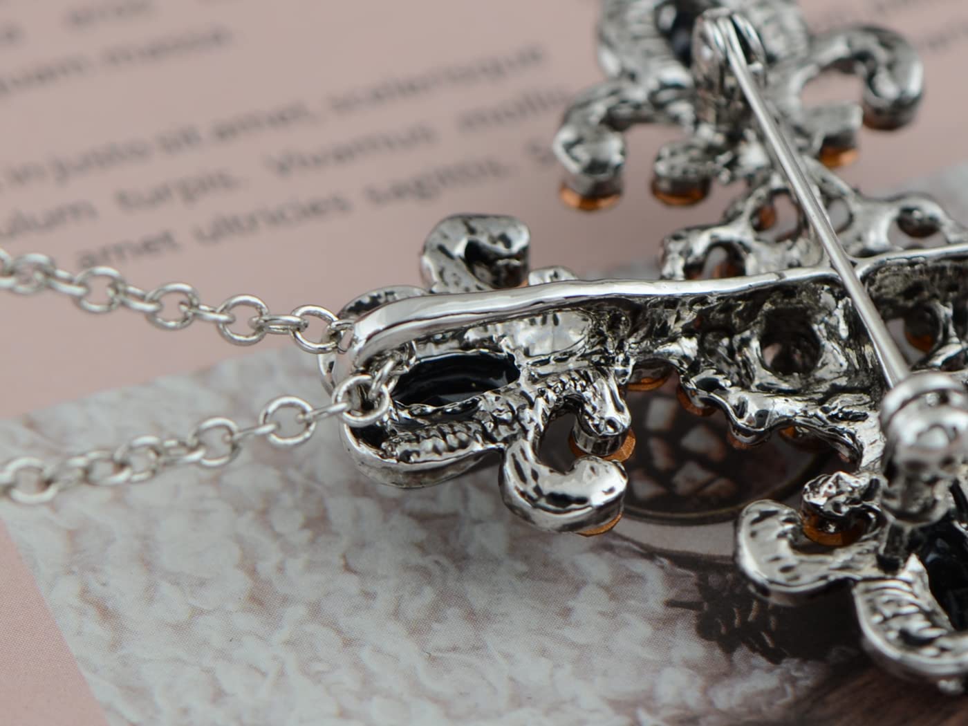 Alilang Gothic Holy Beaded Flowery Gunmetal Tone Crystal Flourish Church Religious Cross Pin Brooch