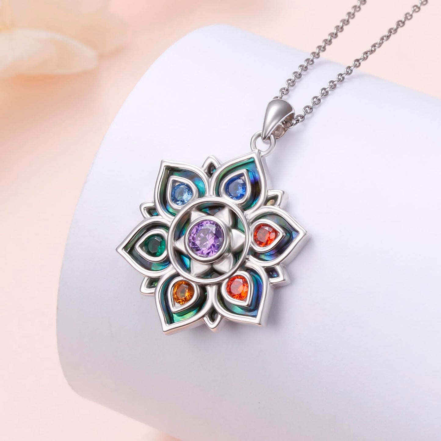 FLYOW 7 Chakra Necklace 925 Sterling Silver Lotus Flower Abalone Shell Yoga Energy Balance Pendant Spiritual Healing Jewelry Birthday Gifts for Anxiety Stress Relief Balancing Meditation