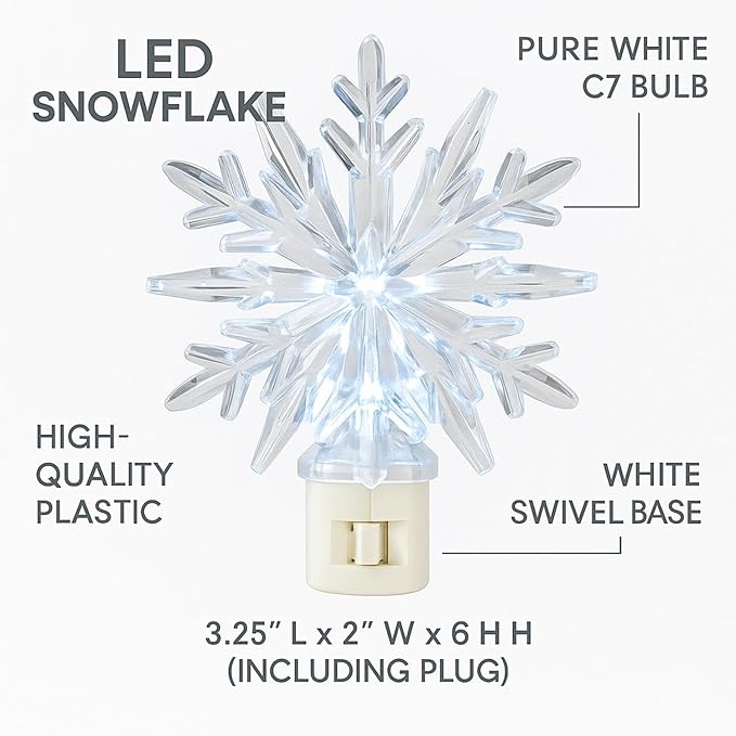 Novelty Lights LED Lamp Snowflake Pure White Christmas Decoration Night Light with Swivel Plug