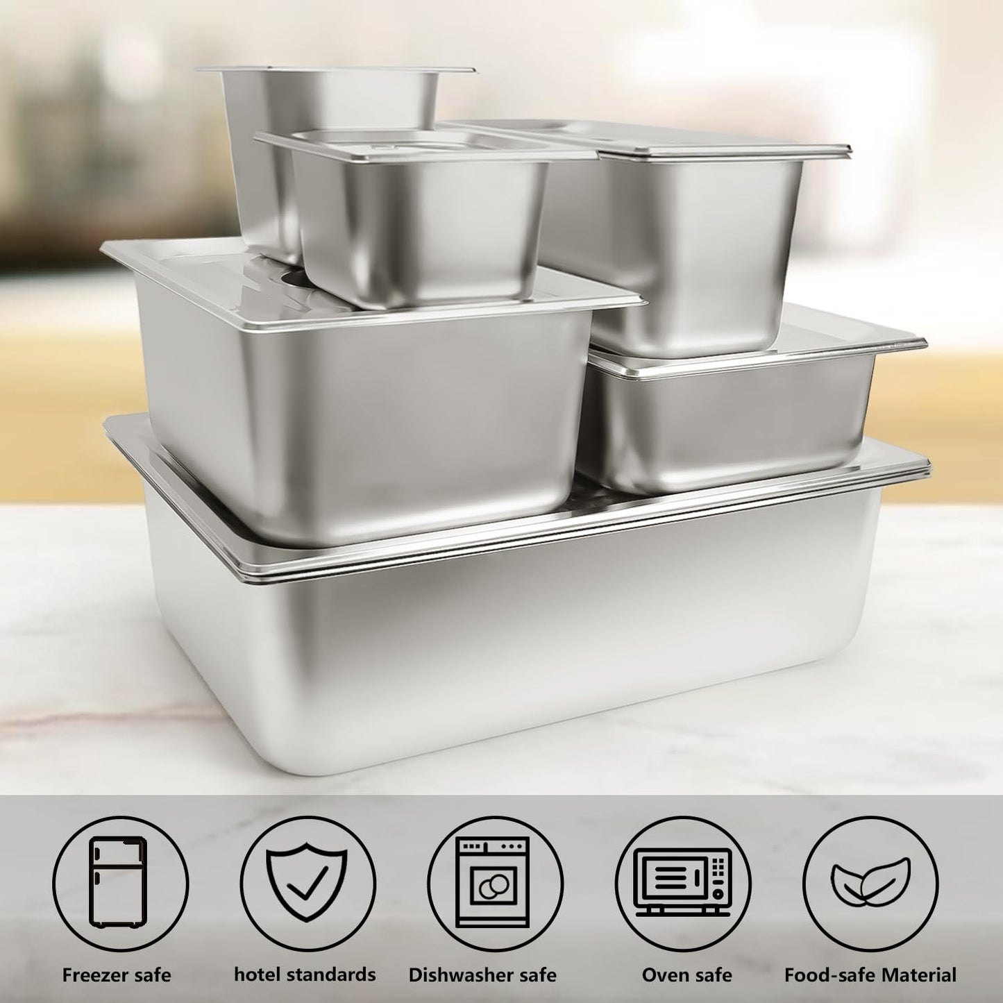 TSUBOR 6 Set Stainless Steel Hotel Pans 1/6 Size 4 Inch Deep With Lids, Anti-Jam Chafing Steam Table Pans, Catering Food Storage Metal Pan