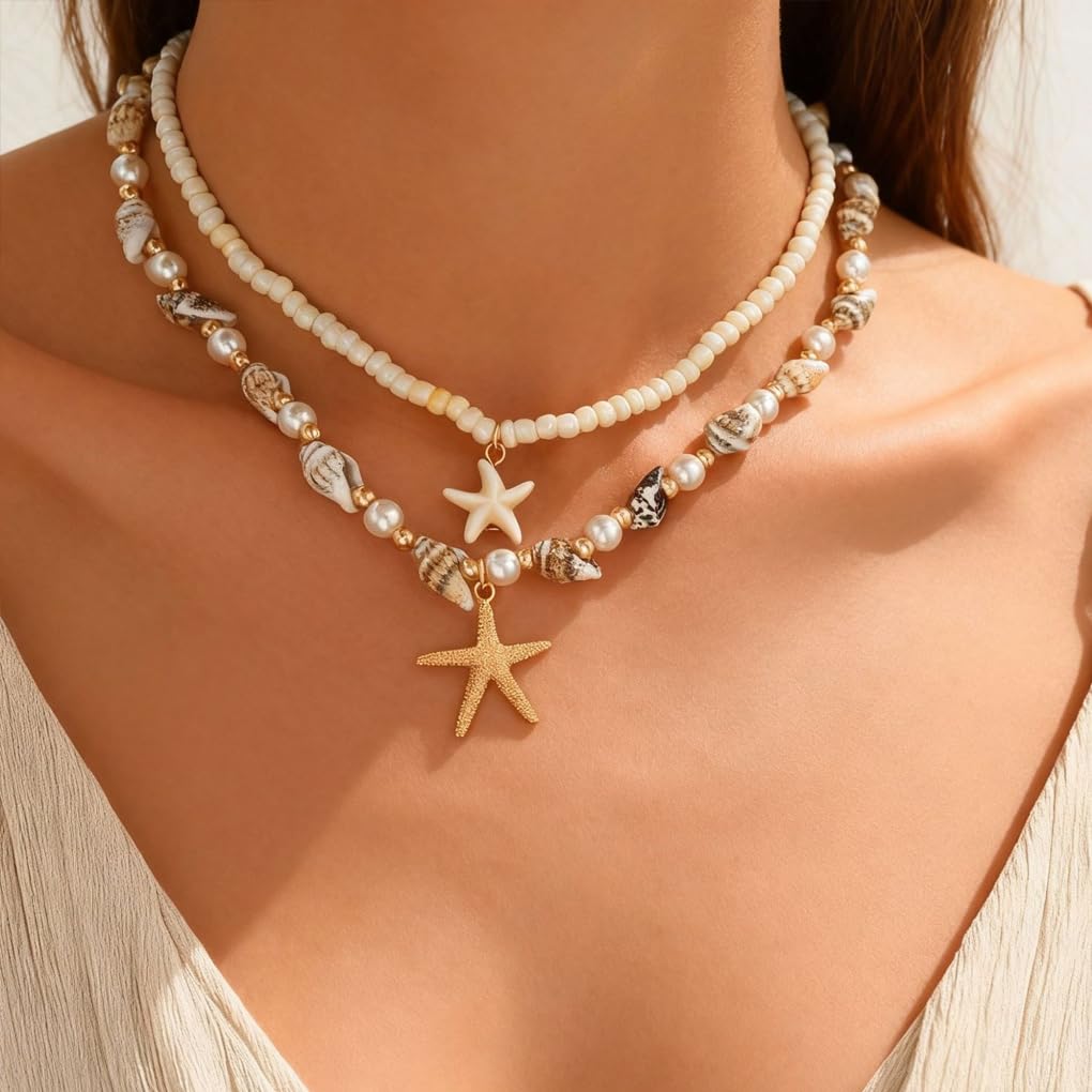 Starfish Conch Layered Necklaces for Women Charm Pearl Beaded Choker Necklace Boho Starfish Fish Pendant Necklaces Trendy Beach Jewlery Accessories (White1)