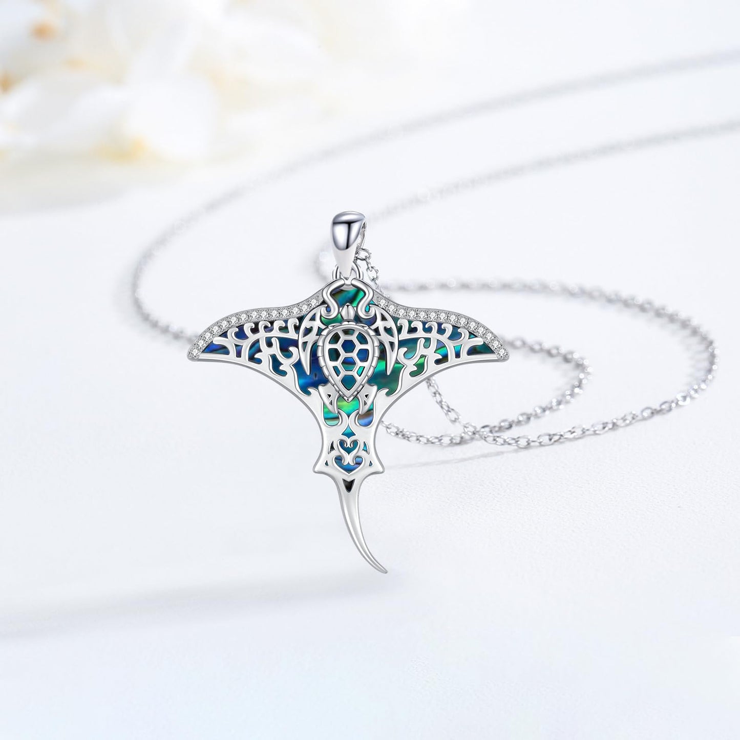 Midir&Etain 925 Sterling Silver Sea Turtle Stingray Necklace Manta Ray Pendant Ocean Jewelry Gift for Women Stingray Lovers