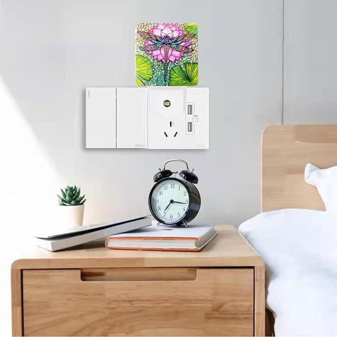 Dragonfly And lotus flower Plug-in LED Night Light,Smart Auto Dusk to Dawn Sensor Nightlights Plug into Wall,White Energy Efficient Night light for Kids Bedroom,Bathroom,Kitchen,Stairs,Hallway