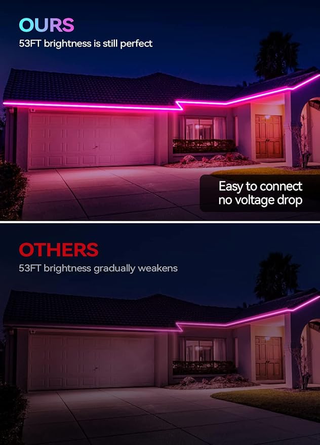 53FT Continuous RGB+IC Outdoor Led Strip Lights Waterproof with RF Remote & Bluetooth Music Sync App Control, Long Color Changing LED Rope Lights,IP67,24V (RGB+IC, 53FT)