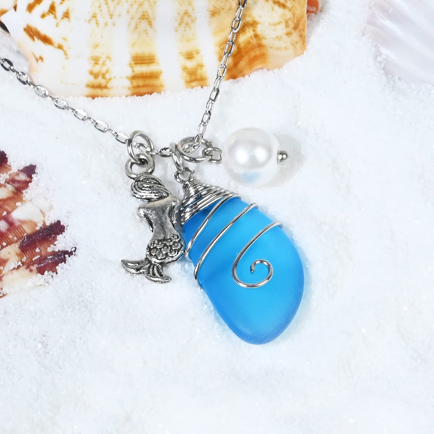 Sea Glass Necklace, Beach Jewelry for Women, Wire Wrapped Beach Necklaces with Mermaid Pendant, Freshwater Pearls, Sea Glass Jewelry, Handmade Necklaces Gift for Women Girls