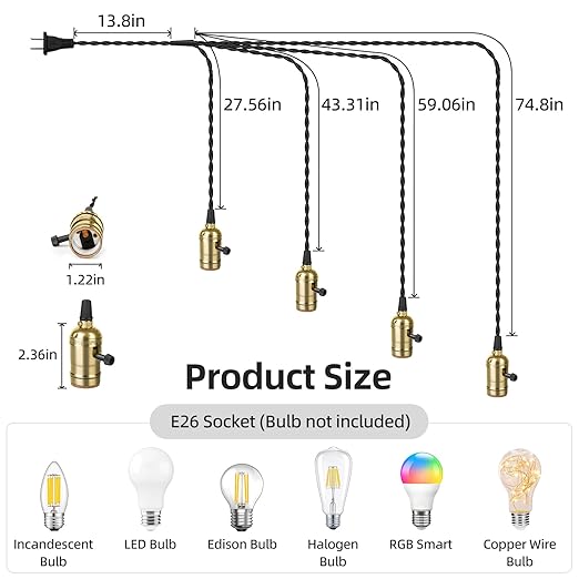 Vintage Plug-in Pendant Light Kit with 1-to-4 Hanging E26/E27 Sockets, Industrial Hanging Light with Individual Rotary Switches, Easy DIY Lighting for Living Room, Patio and Plant Corners, Gold