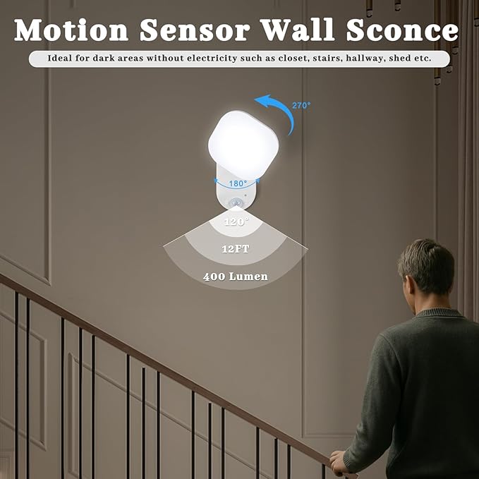 Yochoice Rechargeable Battery Operated Wireless LED Wall Light with Remote Control, Motion Sensor Light Indoor with Adjustable Angle, Battery Powered Wall Sconce for Closet Bedroom Garage Hallway