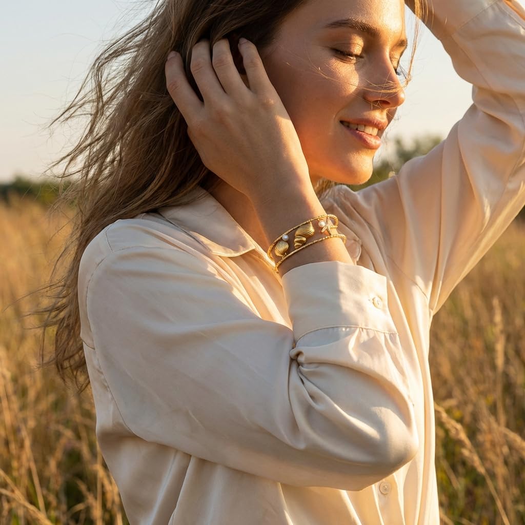 MystiGlimmer Starfish Bracelet with Luxury Gift Box 18K Gold Plated Stainless Steel, Adjustable Open Cuff, Waterproof & Hypoallergenic Jewelry Gift for Women (Seashell-Starfish1)