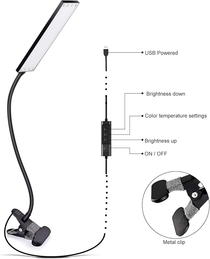 Vansuny Clip on Light LED Desk Lamp with Eye-Caring LED Light and Metal Clip, 11 Level Brightness 3 Color Modes, Power by USB Port 5W Adjustable Neck Reading Lamp for Home and Office (5W, Black)