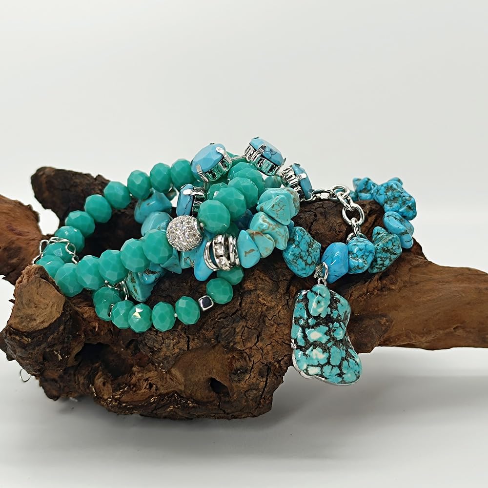 Yomisa Boho Beaded Bracelets for Women,Multilayer Wrap 5PCS Turquoise Healing Natural Stone Bead Bracelets Handmade Stackable Friendship Stretchy Beaded Bracelet Set Trendy Bohemian Jewelry Gift Women