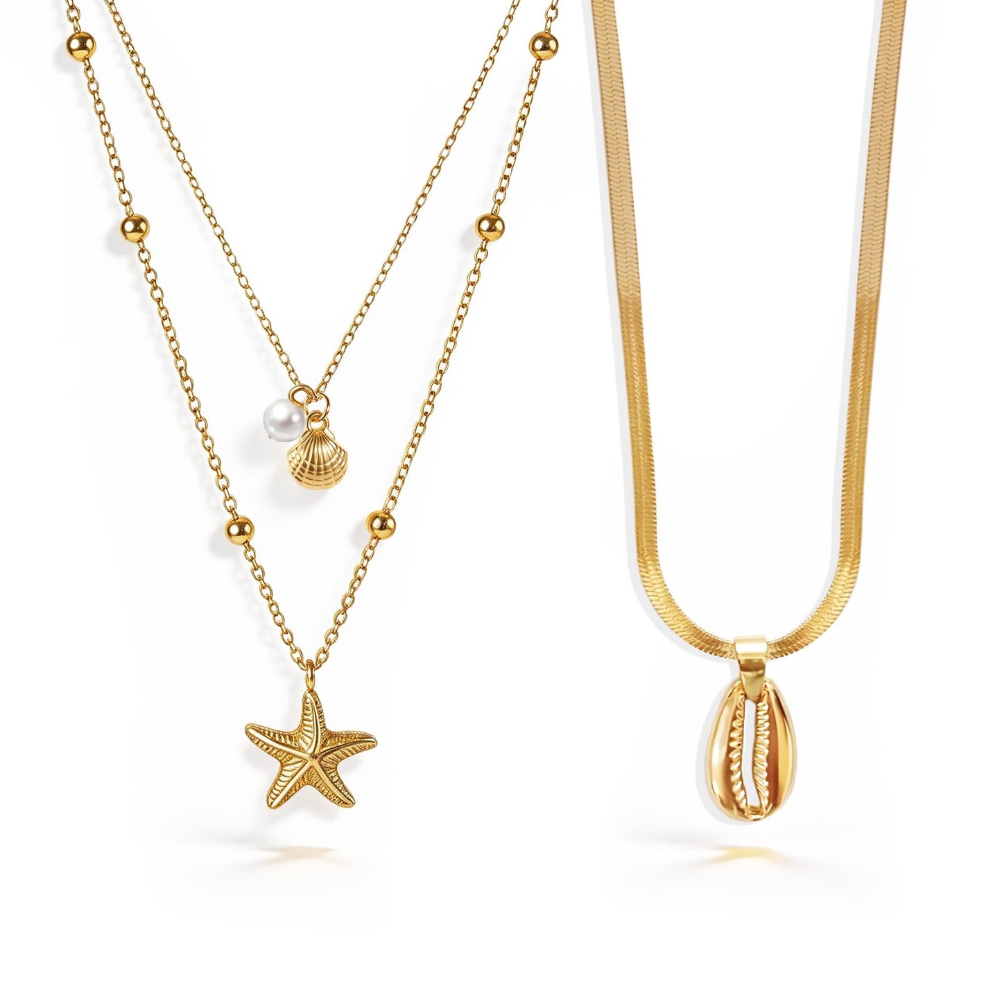 Qoncosy 2 Pcs starfish necklace, layered gold tone chain seashell pendant, beach vacation coastal accessories, gold color party daily wear women