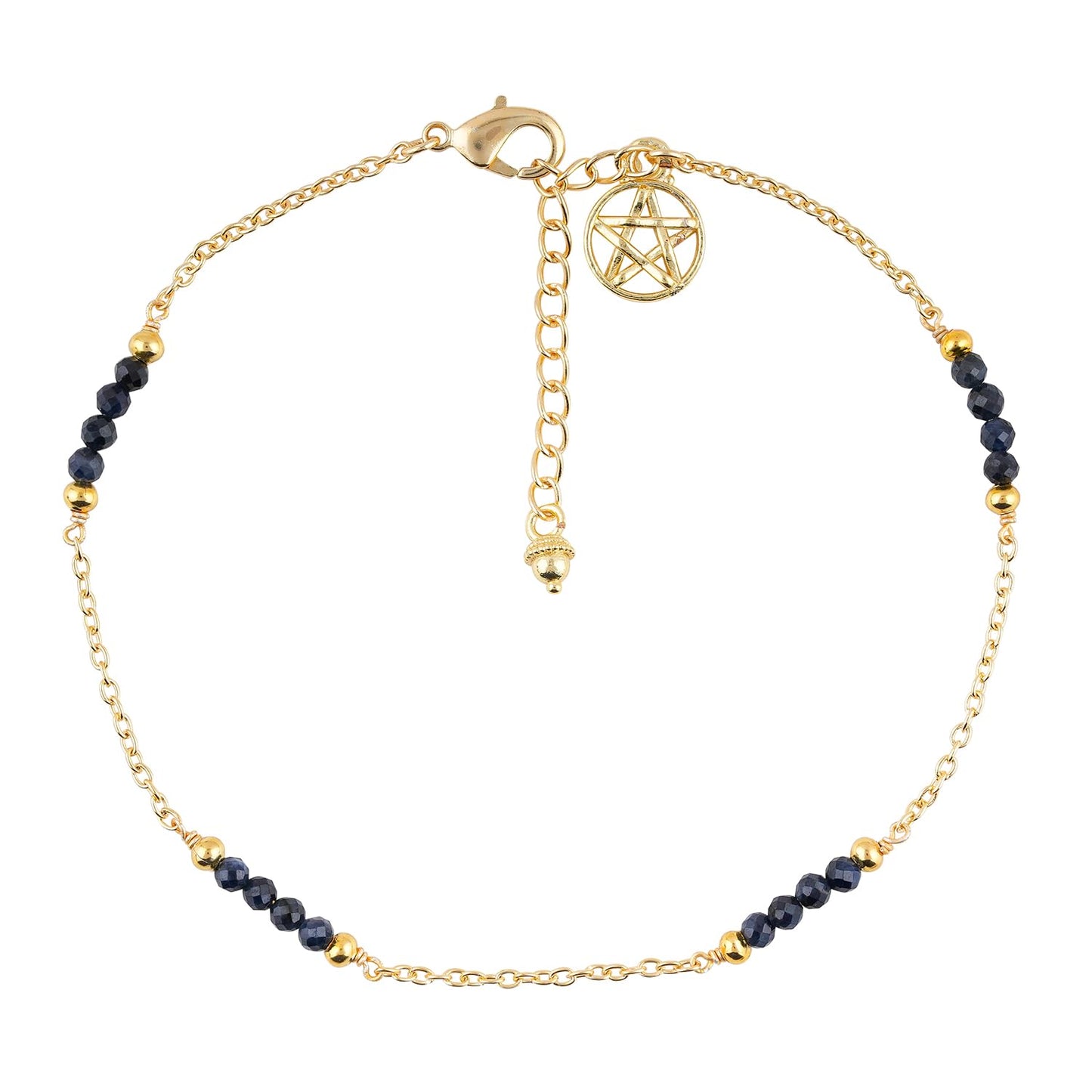 CRYSTALINES Natural Blue Sapphire Gemstone Beads, Handmade Station Dangle Star Charms Anklet, 14K Gold Plated, Adjustable Fashion Boho Jewelry for Women, Healing Crystals, Christmas Gift
