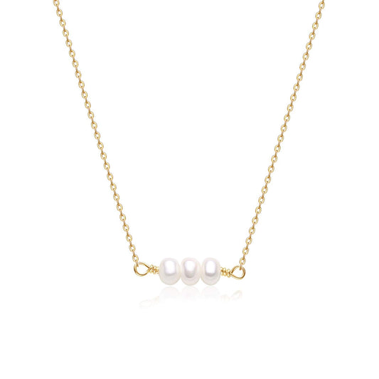 14K Gold Plated 3 Tiny Pearl Necklace for Women, Dainty Minimalist Pearl Choker, 14"+2" Adjustable Extension Chain, Delicate Layering Jewelry for Daily Wear & Gift
