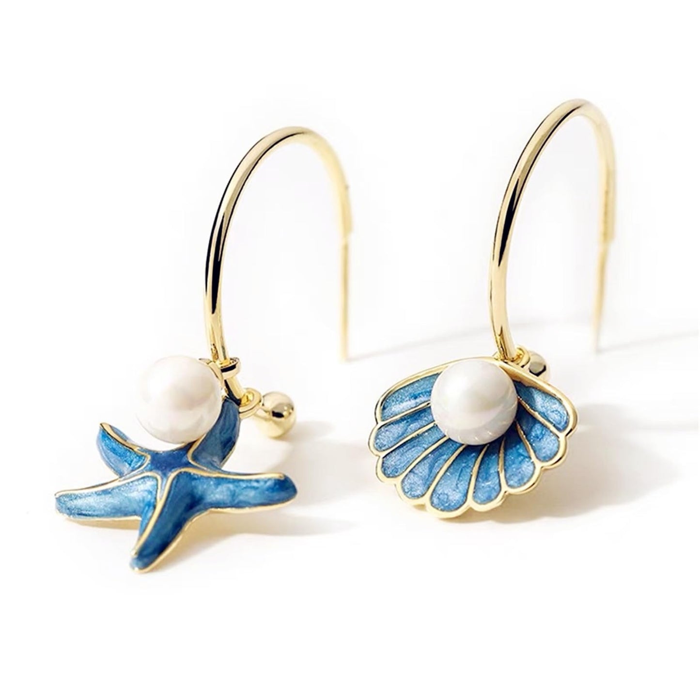 Asymmetric Starfish Seashell Earrings Gold Plated Boho Handmade Charm Cowrie Sea Shell Conch Star Ocean Animals Long Dangle Drop Earrings for Women Hawaii Summer Beach Party Holiday Jewelry Gifts (Blue)