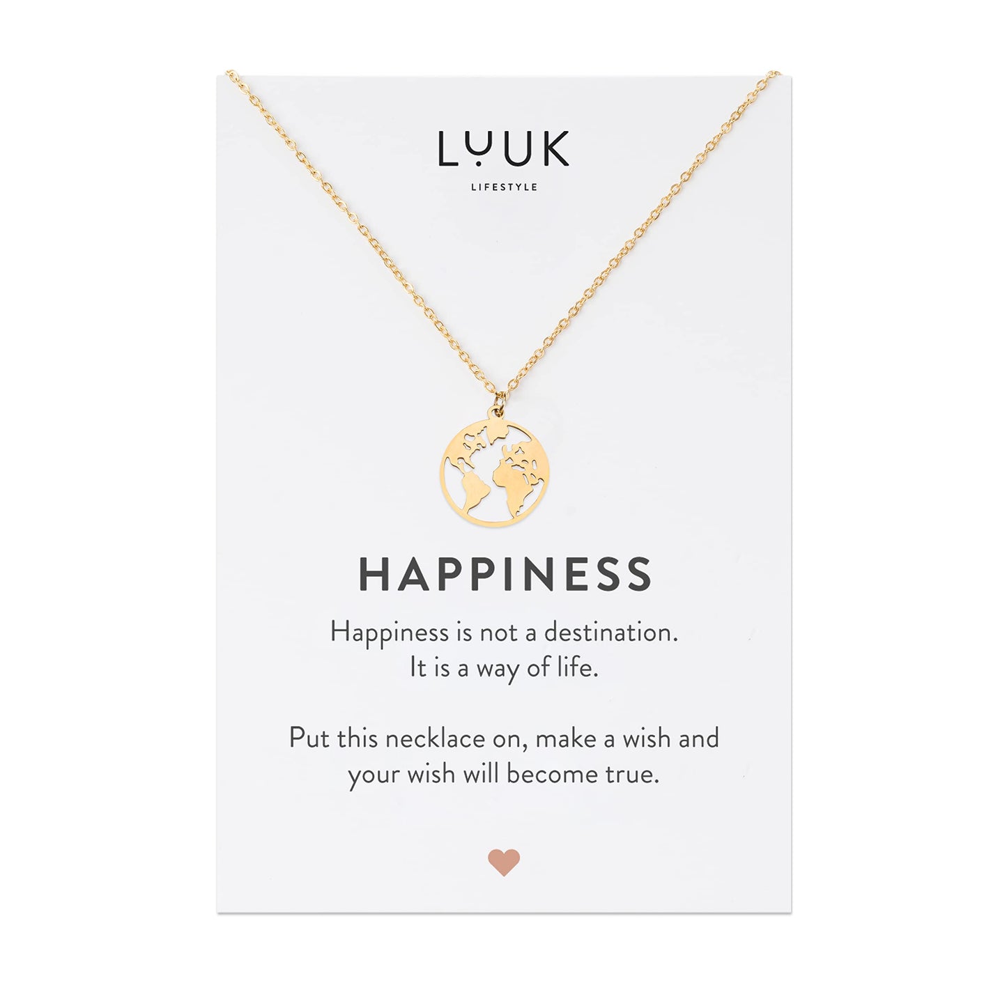 LUUK LIFESTYLE Necklace for women in stainless steel with globe pendant and HAPPINESS card, fashion jewelry for women, lucky charm, fashion accessory, 19” length, feminine jewelry, gift idea, gold