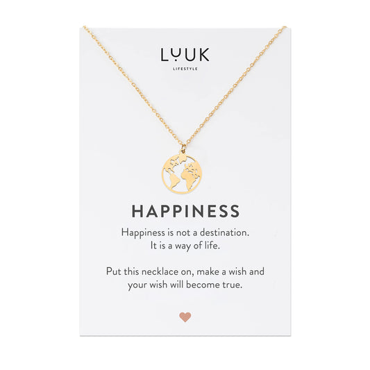 LUUK LIFESTYLE Necklace for women in stainless steel with globe pendant and HAPPINESS card, fashion jewelry for women, lucky charm, fashion accessory, 19” length, feminine jewelry, gift idea, gold