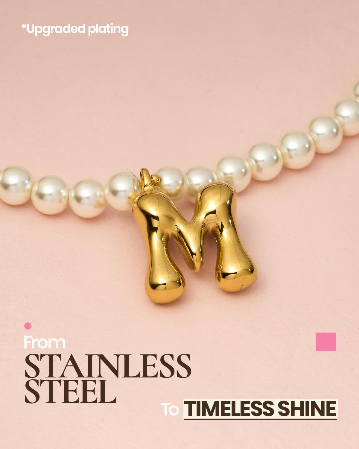 DoDoBeads Pearl Initial Necklace, 18K Gold Plated Stainless Steel Balloon Letter Pendant M, Non-Tarnish Waterproof Chunky Monogram Jewelry Gifts for Women Teens