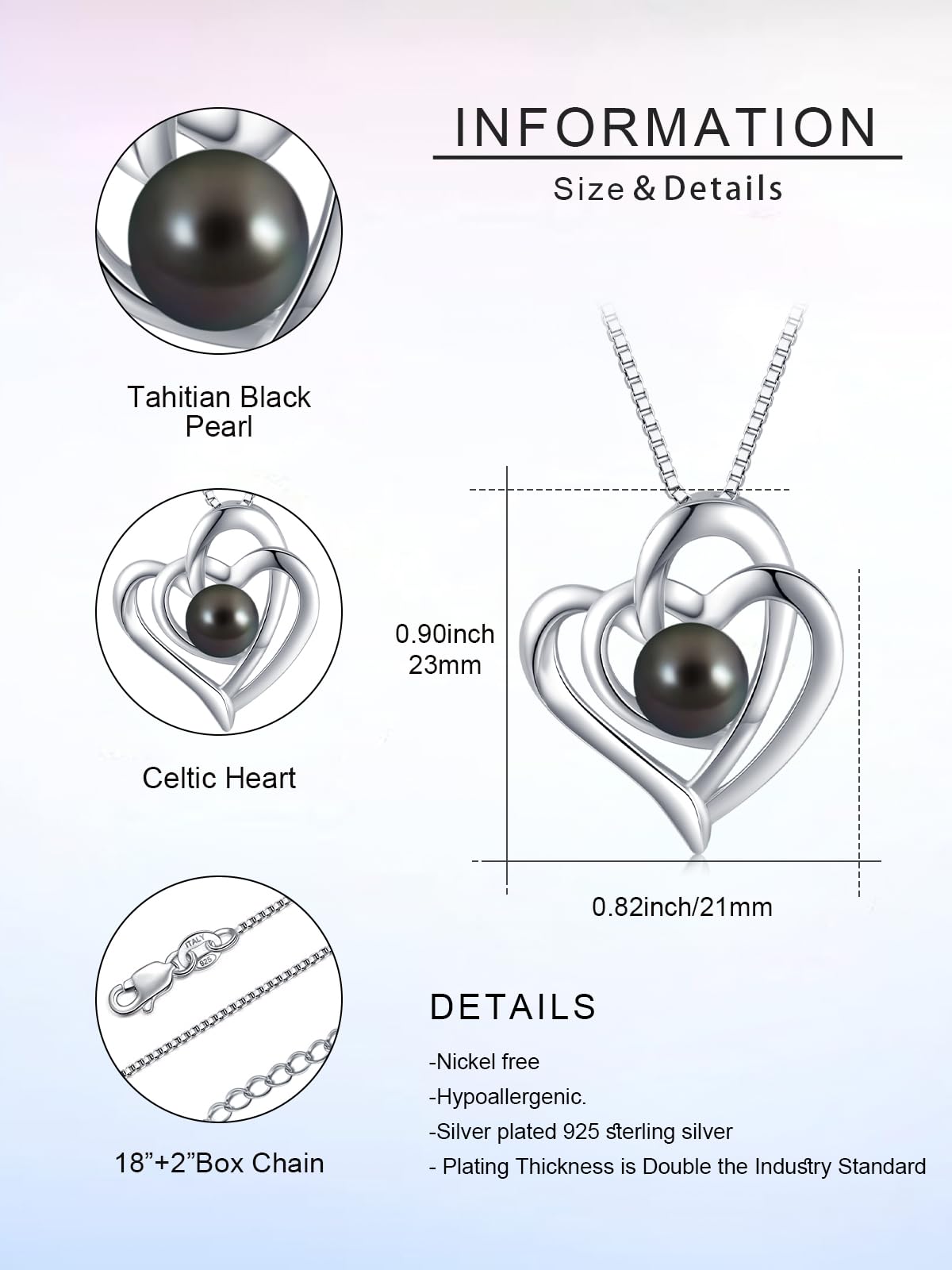 KANNSOAR Tahitian Black Pearl Necklace for Women 18K White Gold Plated Sterling Silver Heart Pendant 7MM Pearl Jewelry Wedding Birthday Anniversary Christmas Gifts for Wife Mom Girlfriend Lover Her