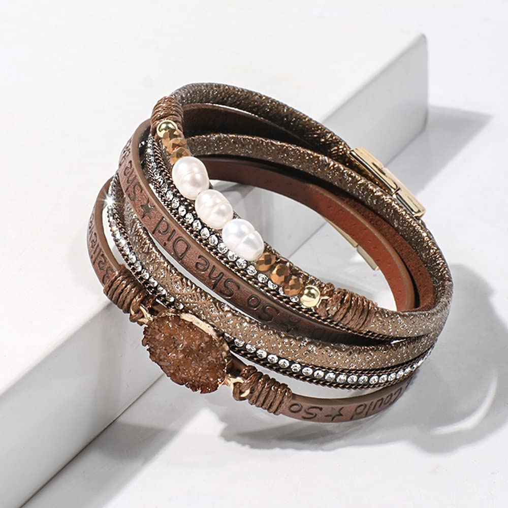 Artilady Leather Wrap Bracelet for Women - Handmade Clasp Bangle Bracelet with Pearl Beads Crystal Wristbands Jewelry Gift for Ladies and Mother