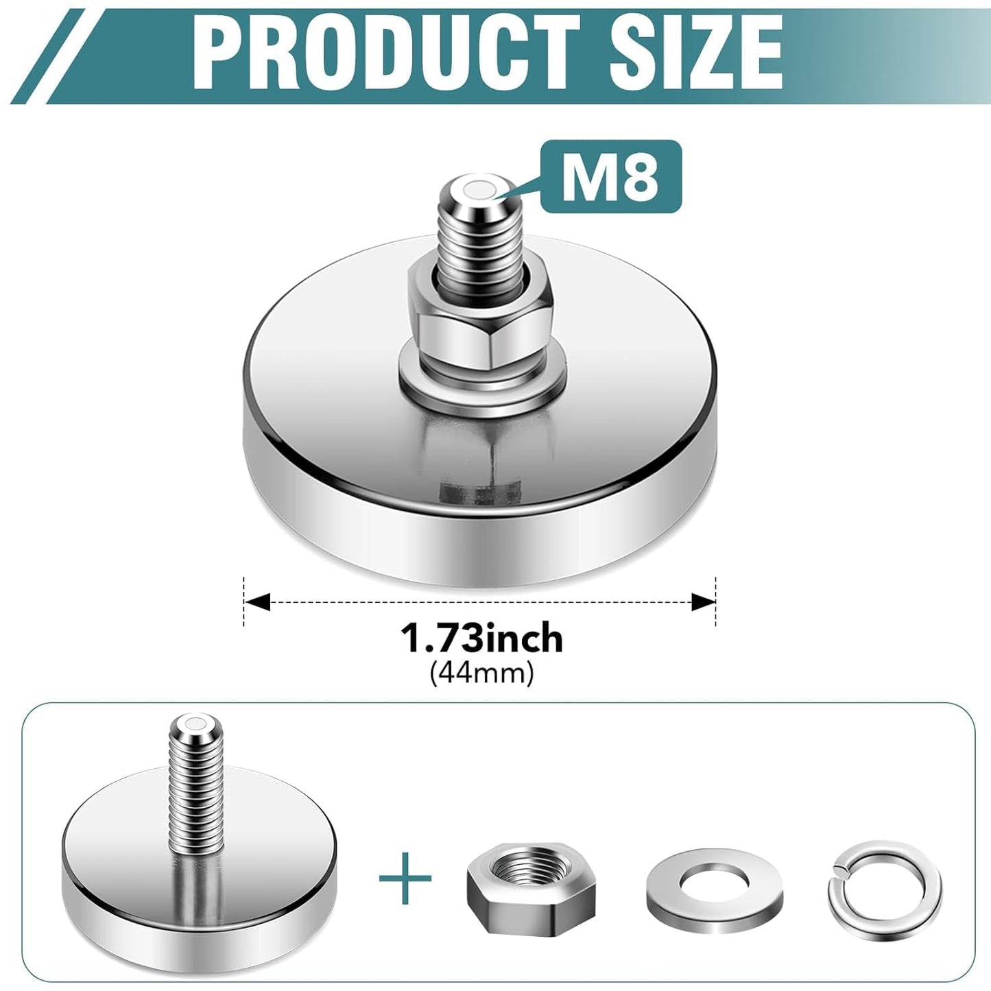 Super Strong Neodymium Round Magnet with M8 Male Thread Nuts Bolts 200 lb Corrosion-Resistant Mounting Magnet for Lighting Camera and Other Brackets Outdoor Tools 44mm D - 16 Packs